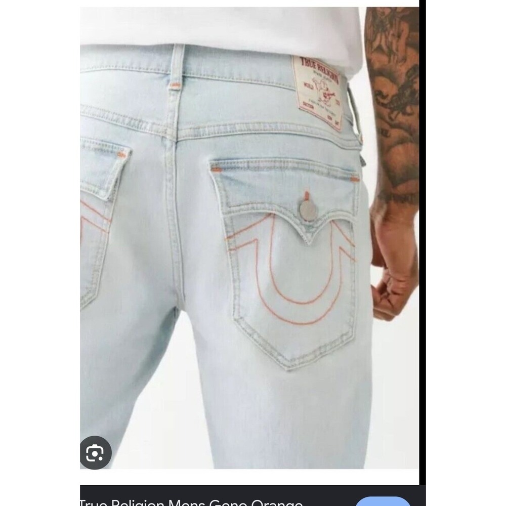 True Religion Ricky Relaxed Straight Denim Shorts Mens 40 Light Blue Red Stitch